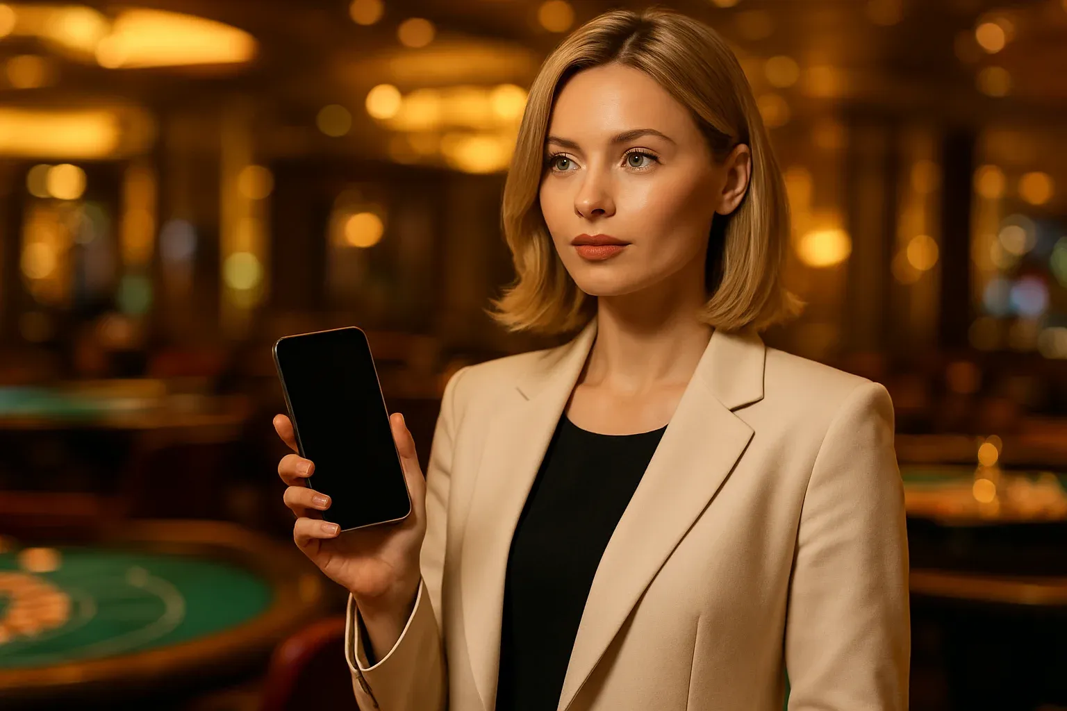 Stylish British blonde woman holding smartphone in upscale London casino lounge