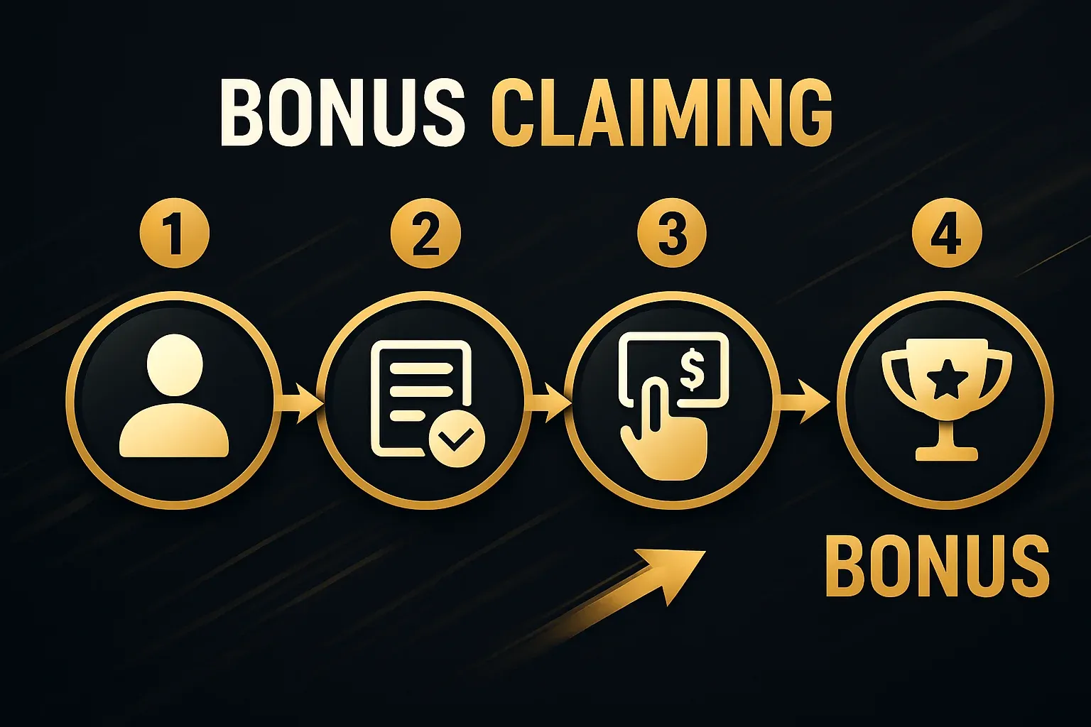 Four-step bonus claiming infographic with numbered circles, arrows, gold accents