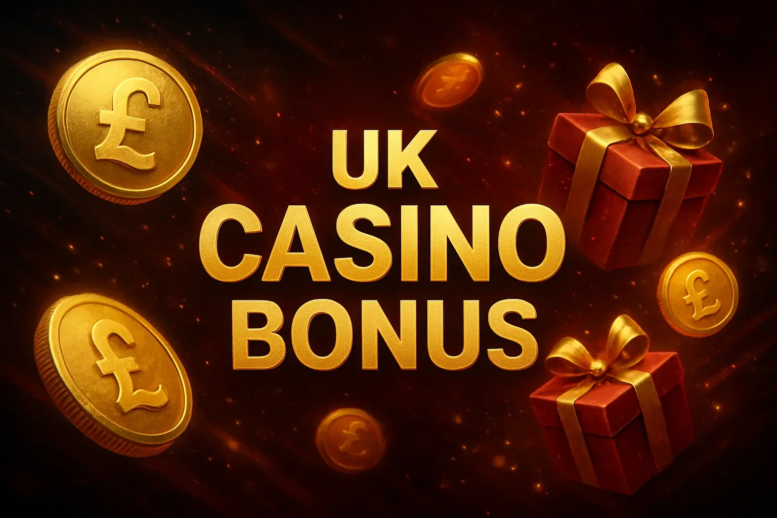 UK casino bonus banner with golden coins, gift boxes and pound symbols