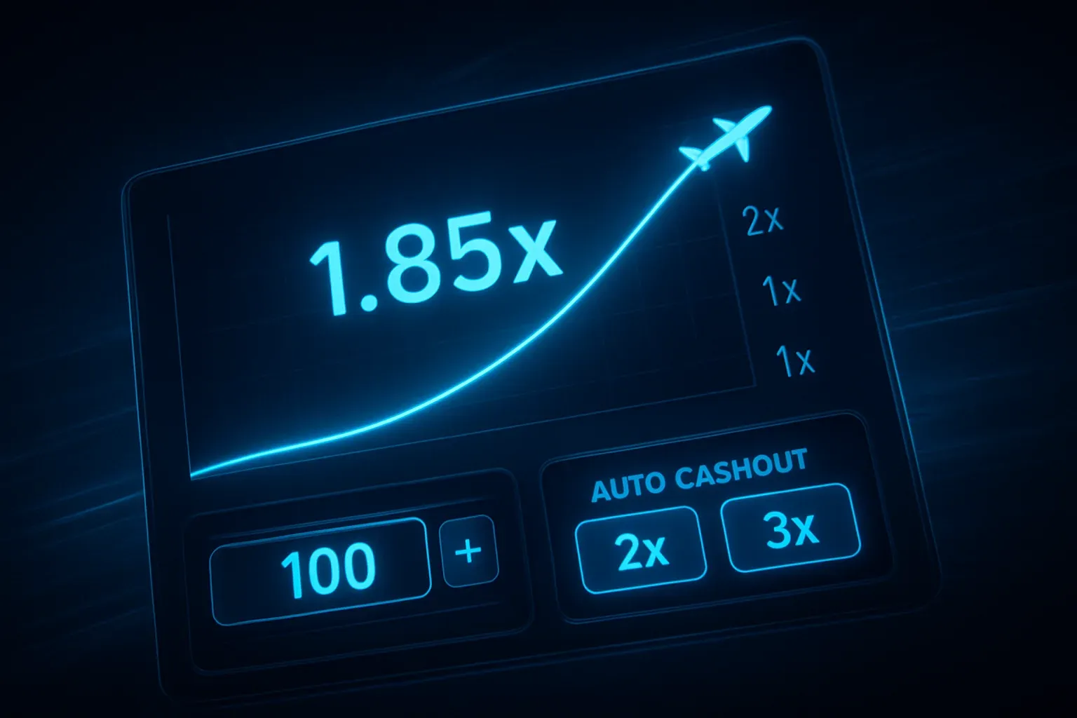 Crash game UI with aircraft trajectory multiplier curve, bet controls and auto cashout