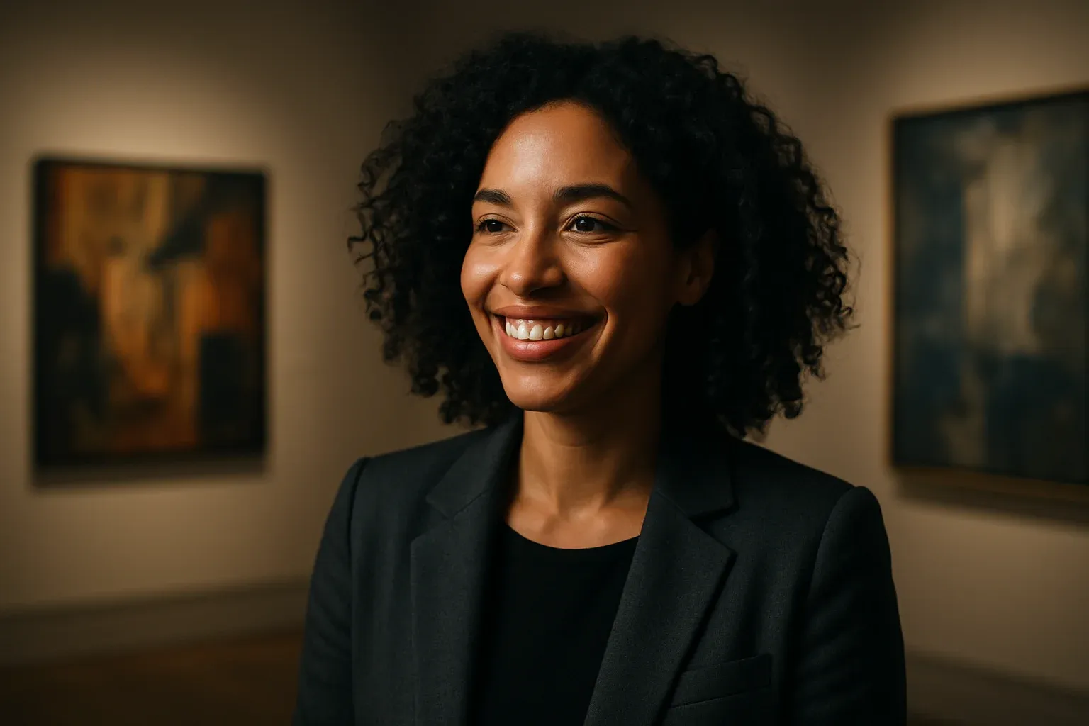 Fashionable British woman smiling in London art gallery with modern paintings