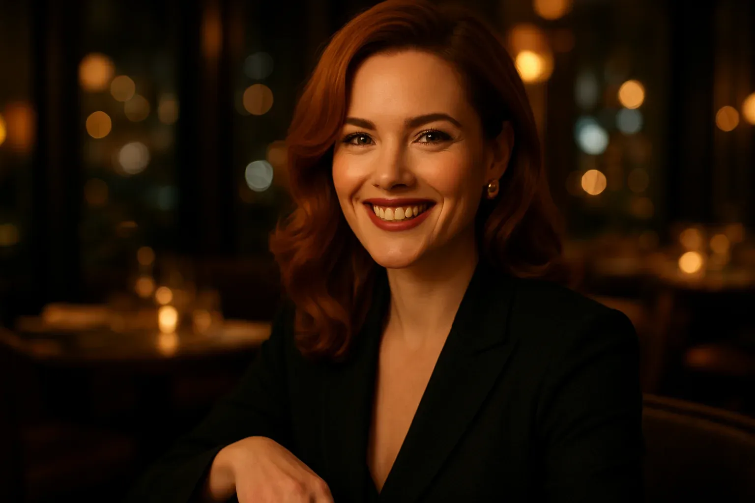 Glamorous British woman with auburn hair in upscale London restaurant