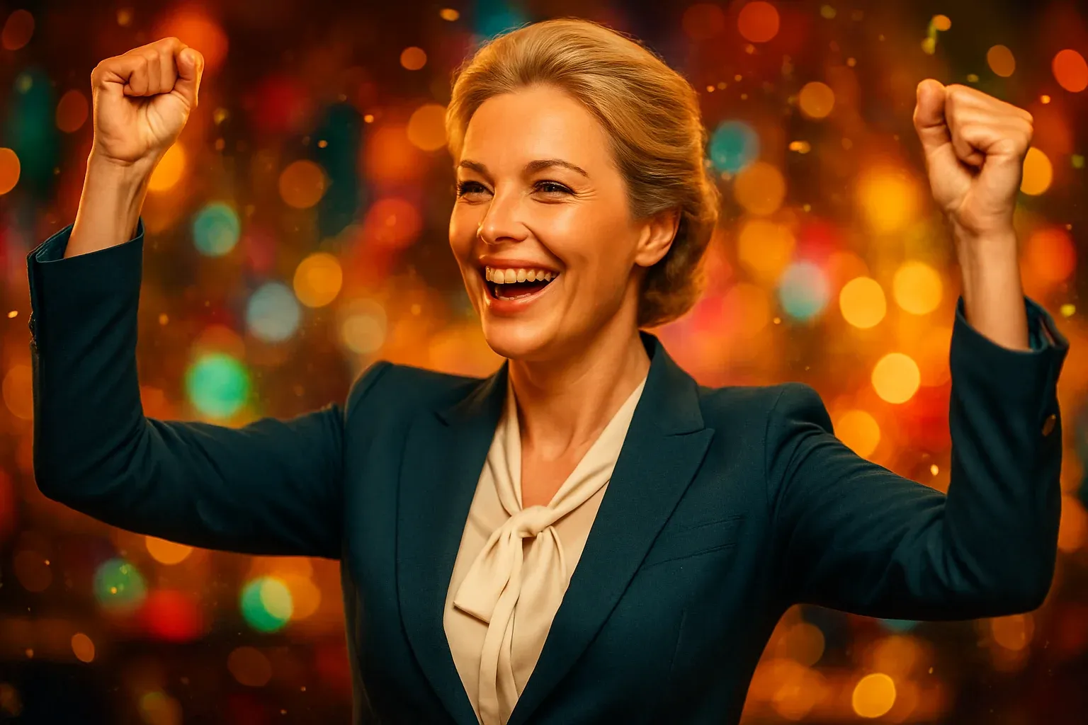 Elegant British blonde woman celebrating in premium UK casino bokeh lights